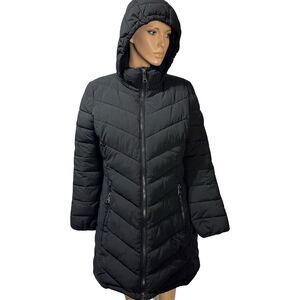 Calvin Klein Puffer Coat Womens L Black Quilted Hooded Long Jacket Sorona Aura
